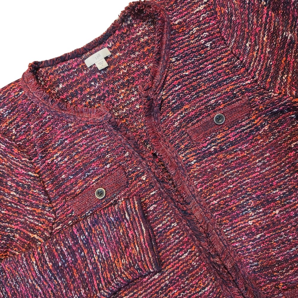 J. Jill Women Med Burgundy Marled Fringe Trim Cardigan Sweater Academia Tweed